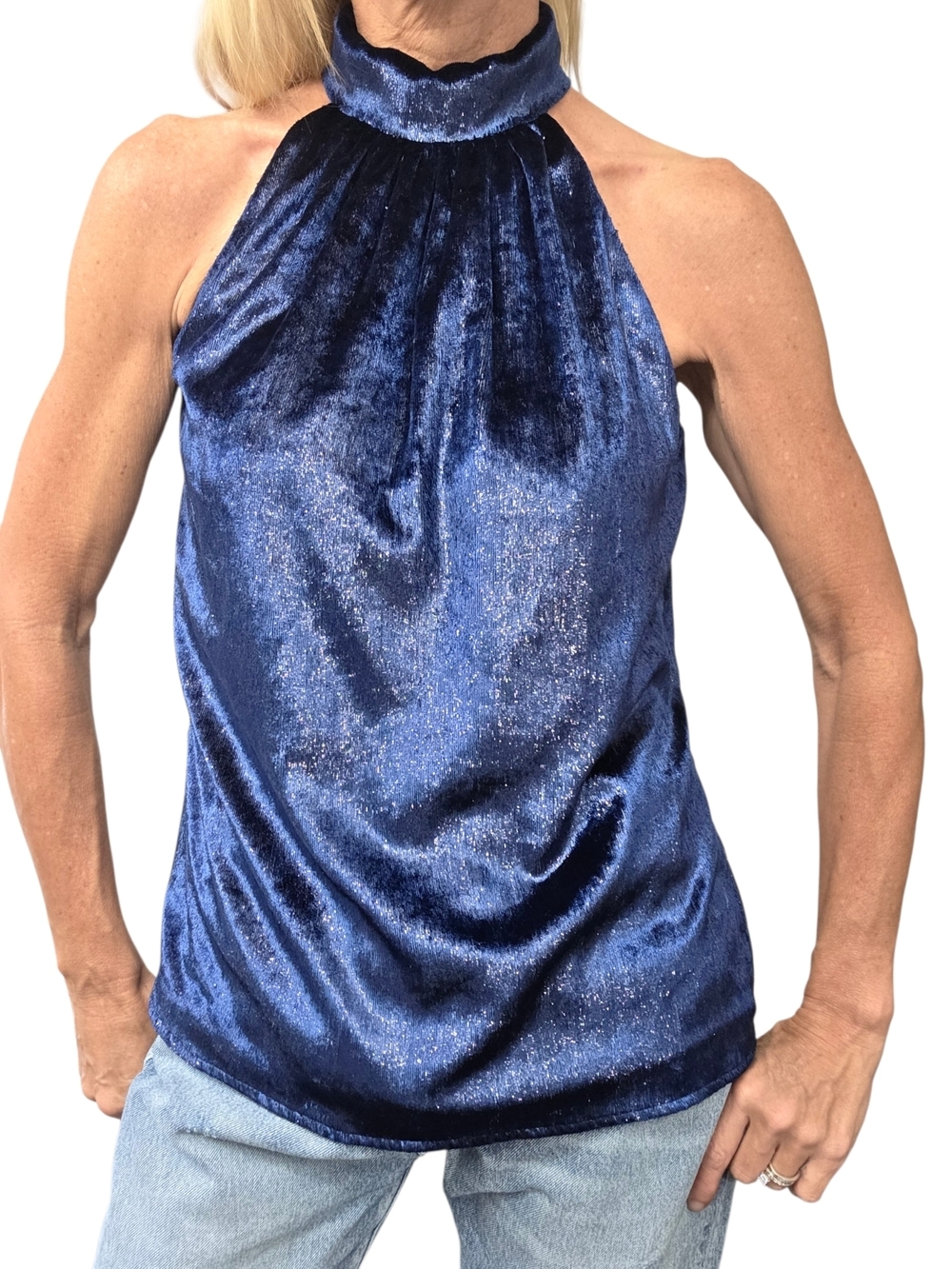 Ramy Brook Pam Midnight Blue Metallic Velvet Halter Top XS